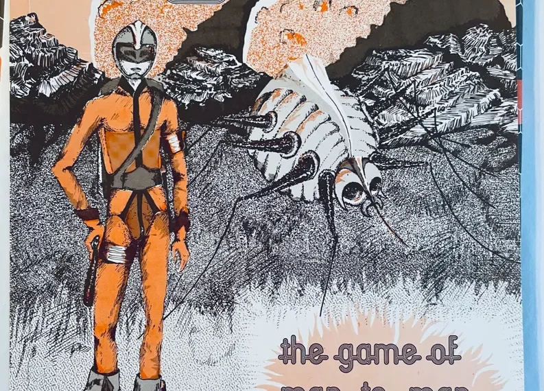A vintage game cover titled "RIFT TRIPPER" featuring stylized retro artwork with an alien figure in an orange suit and a large insect-like creature amid a black and white sketched landscape with explosions, accompanied by text "the game of man-to-man science-fiction warfare" and a note of its connection to Robert Heinlein's book "Starship Troopers".