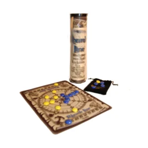 Alt text: A board game setup with a wood board featuring a hexagon pattern with yellow and blue pegs, a cylindrical container labeled "Rumis," and a black drawstring bag with extra pegs.