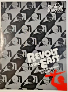 Magazine cover of "Strategy & Tactics" featuring repeated patterns of soldier silhouettes in white on a black background with a large title "REVOLT in the EAST" and subtitle "Warsaw Pact Rebellion in the 1970's", issue number 56, with a prominent red silhouette of a soldier holding a raised gun at the bottom right.