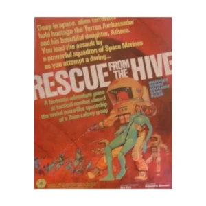 A vintage board game cover titled "RESCUE FROM THE HIVE" depicting a space marine in orange armor, carrying a person in a green suit, with a backdrop of other marines in combat. Text on the cover teases a game about rescuing the Terran Ambassador's daughter from alien terrorists.