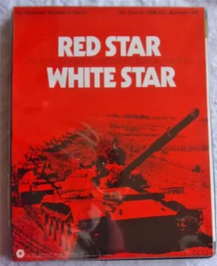 Board game titled "RED STAR / WHITE STAR," with subtitle "Tactical Combat in Western Europe in the 1970's" displayed at the top. The cover features an image of a tank and soldiers in battle, with text indicating the time as 0200 hrs, Summer 1975. The overall color scheme is red and black, typical for military simulation game packaging.