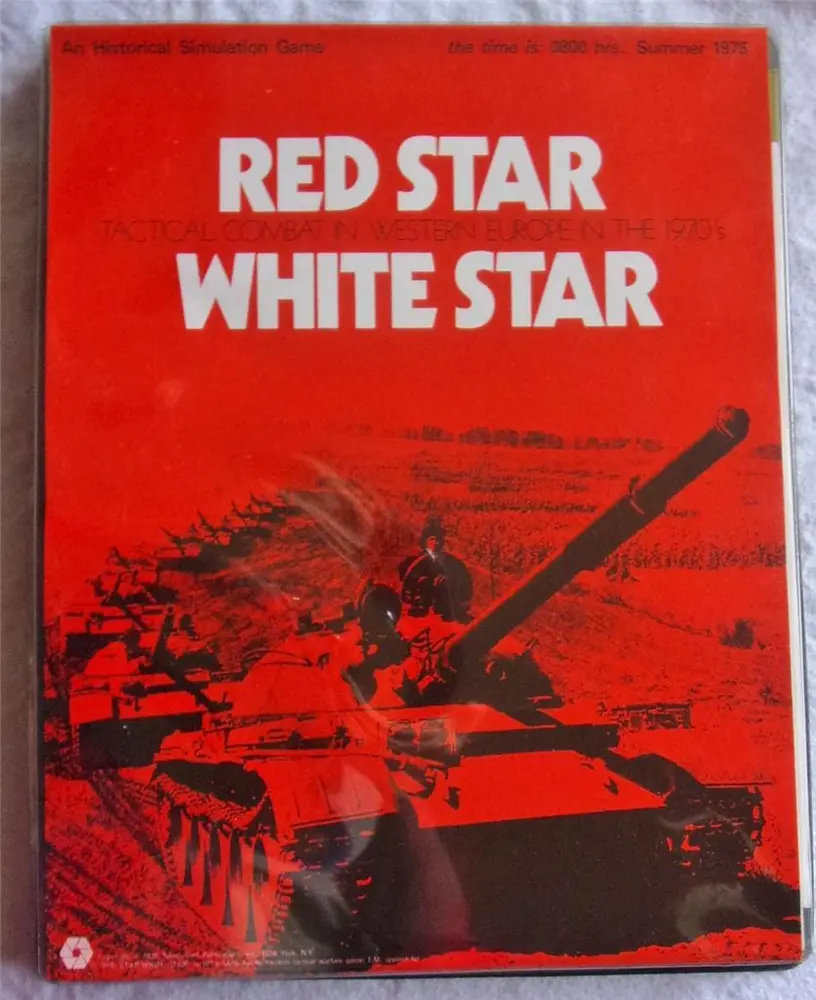 Board game titled "RED STAR / WHITE STAR," with subtitle "Tactical Combat in Western Europe in the 1970's" displayed at the top. The cover features an image of a tank and soldiers in battle, with text indicating the time as 0200 hrs, Summer 1975. The overall color scheme is red and black, typical for military simulation game packaging.