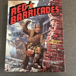 A board game called "RED BARRICADES," depicted with artwork of a World War II soldier shouting and pointing, standing beside a brick wall, with another soldier in the background. Text states "A GAME OF TACTICAL WARFARE STALINGRAD 1942," "ASL HISTORICAL MODULE 1," and indicates that "Ownership of ASL 'BEYOND VALOR' and 'YANKS' is required." The Avalon Hill Game Company logo is visible at the bottom left.