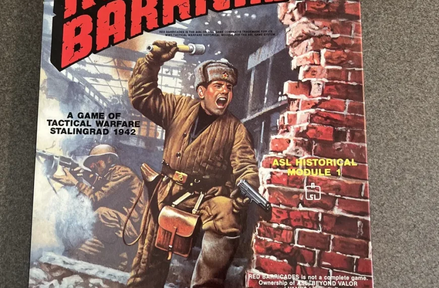 A board game called "RED BARRICADES," depicted with artwork of a World War II soldier shouting and pointing, standing beside a brick wall, with another soldier in the background. Text states "A GAME OF TACTICAL WARFARE STALINGRAD 1942," "ASL HISTORICAL MODULE 1," and indicates that "Ownership of ASL 'BEYOND VALOR' and 'YANKS' is required." The Avalon Hill Game Company logo is visible at the bottom left.