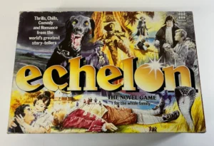 An old board game box cover with various illustrated scenes depicting adventure, romance, and comedy, labeled with the title "echelon" and the tagline "The Novel Game for the whole family."