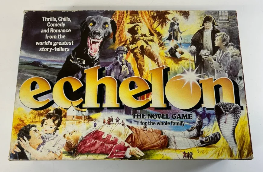 An old board game box cover with various illustrated scenes depicting adventure, romance, and comedy, labeled with the title "echelon" and the tagline "The Novel Game for the whole family."