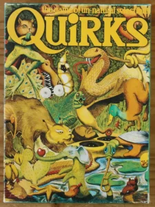 An illustration of various whimsical animals interacting around and within a body of water, including a large snake, a rabbit-like creature with a beak, an elephant with a crocodile snout, and a duck-billed cat, encompassed by the bold title "QUIRKS" at the top.