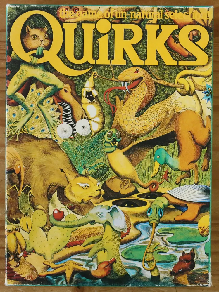 An illustration of various whimsical animals interacting around and within a body of water, including a large snake, a rabbit-like creature with a beak, an elephant with a crocodile snout, and a duck-billed cat, encompassed by the bold title "QUIRKS" at the top.