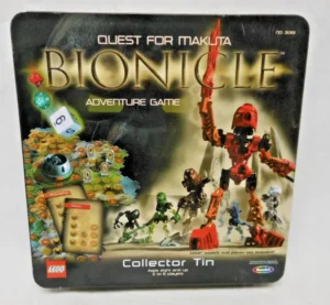 A "BIONICLE Quest for Makuta Adventure Game" board game collector tin with various BIONICLE figures and the game depicted on the cover. A note specifies "LEGO models and pieces not included."