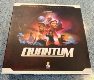 Board game "QUANTUM" box cover featuring sci-fi artwork with spaceships and characters in space, with the Funforge logo at the bottom.