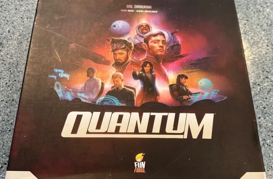 Board game "QUANTUM" box cover featuring sci-fi artwork with spaceships and characters in space, with the Funforge logo at the bottom.
