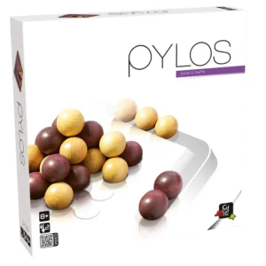 Box of "Pylos" game with multicolored wooden spheres scattered around it, indicating the game components, for ages 8+, designed by David G. Royffe.