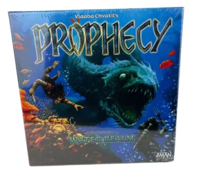A board game box for "Prophecy Expansion 2 Water Realm" by Vlaada Chvátil with an underwater fantasy scene featuring a large menacing fish, swimming characters, and vibrant sea life.