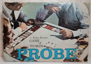 A vintage Parker Brothers "Probe" board game cover showing four people engaged in gameplay, with letter tiles and scoring visible on the game board.