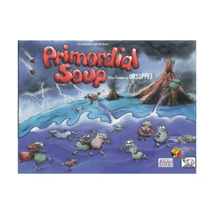 Illustration of a board game cover titled "Primordial Soup" (also known as "URSUPPE"), depicting various cartoonish amoeba-like creatures in an ocean landscape with a volcanic eruption in the background, under a stormy sky with lightning. The game is by Doris Matthäus & Frank Nestel, published by Z-MAN GAMES.