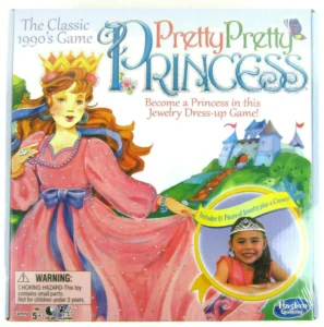 Box cover of the "Pretty Pretty Princess" board game showing a cartoon princess and text that reads "Become a Princess in this Jewelry Dress-up Game!" with an image of a smiling girl wearing a tiara, and further details like a choking hazard warning, recommended ages, and brand logo.
