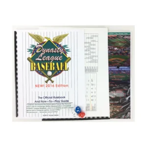 A board game titled "Dynasty League Baseball", NEW! 2016 Edition, featuring the official rulebook and how-to-play guide on the left and player performance charts on the right, with multi-colored dice in the foreground on a white background.