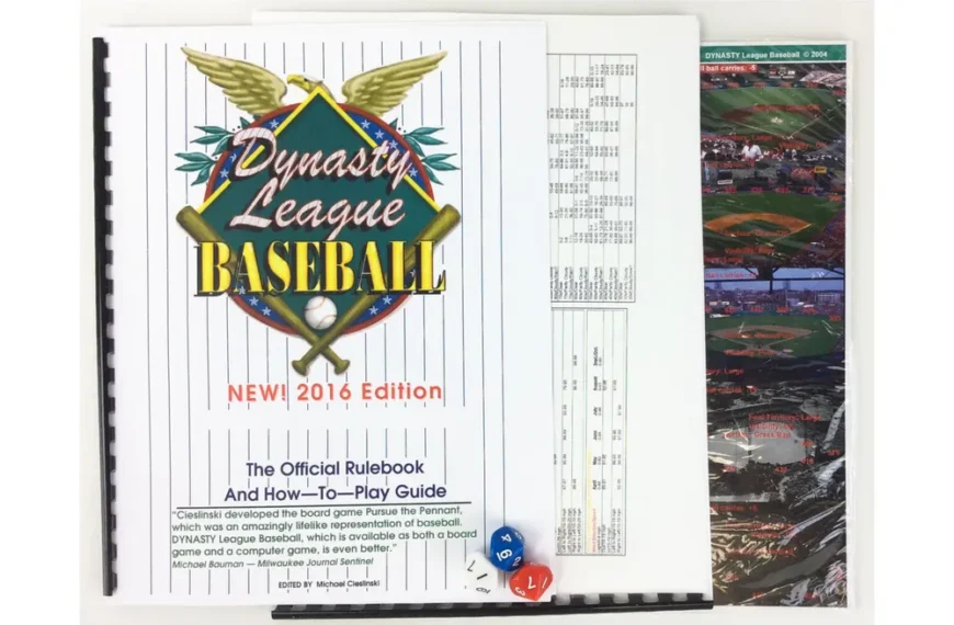 A board game titled "Dynasty League Baseball", NEW! 2016 Edition, featuring the official rulebook and how-to-play guide on the left and player performance charts on the right, with multi-colored dice in the foreground on a white background.