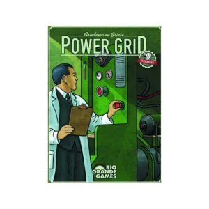 Illustration of a board game cover titled "Power Grid" by Friedemann Friese, depicting a man in a white lab coat operating electrical equipment with a clipboard in hand, for Rio Grande Games.