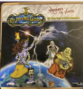 Board game cover titled "Playing Gods: The Board Game of Divine Domination" with cartoon depictions of different gods over a backdrop of Earth from space; text on top reads "Vengeance is Yours!"