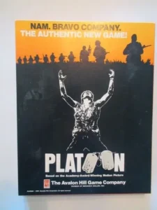 A board game cover for "PLATOON" by The Avalon Hill Game Company, with a silhouette of a soldier raising his arms against an orange background where other soldiers are depicted in silhouette, and text that reads "NAM. BRAVO COMPANY. THE AUTHENTIC NEW GAME! Based on the Academy-Award-Winning Motion Picture."