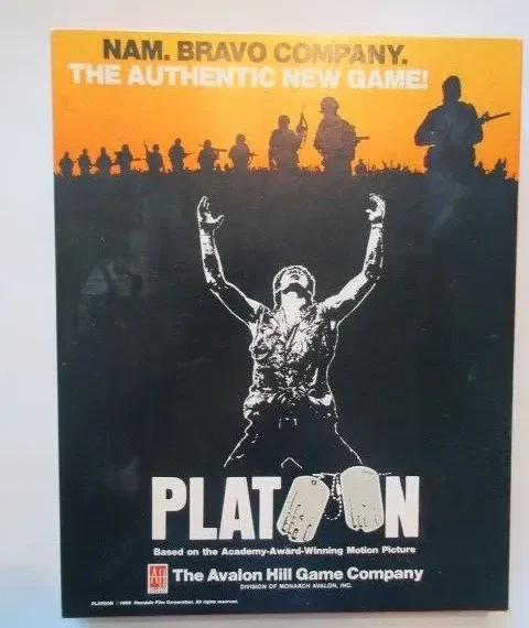 A board game cover for "PLATOON" by The Avalon Hill Game Company, with a silhouette of a soldier raising his arms against an orange background where other soldiers are depicted in silhouette, and text that reads "NAM. BRAVO COMPANY. THE AUTHENTIC NEW GAME! Based on the Academy-Award-Winning Motion Picture."