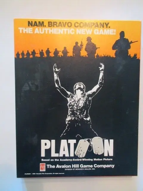 A board game cover for "PLATOON" by The Avalon Hill Game Company, with a silhouette of a soldier raising his arms against an orange background where other soldiers are depicted in silhouette, and text that reads "NAM. BRAVO COMPANY. THE AUTHENTIC NEW GAME! Based on the Academy-Award-Winning Motion Picture."
