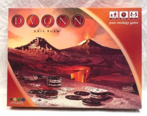 Board game called "DVONN" by Kris Burm, depicting a volcanic landscape with game pieces, indicating the game is for ages 8-99, for 2 players, and takes about 20 minutes, described as a pure strategy game.