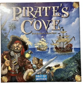 Board game cover titled "Pirate's Cove" with illustrations of a pirate with a sword, a parrot, ships at sea, and the names Paul Randles & Daniel Stahl, published by Days of Wonder.