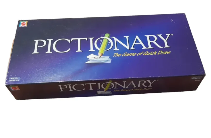 A Pictionary board game box on a white background.