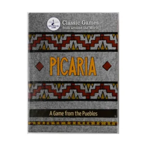 The image shows a board game cover with the title "PICARIA" in bold yellow lettering, subtitled "A Game from the Pueblos." Above the title, it reads "Classic Games from around the World," and the logo of "New Venture Games" is at the top. The background design features a gray textured surface with a patterned border representing a traditional Pueblo style.