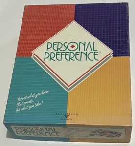 A boxed board game titled "PERSONAL PREFERENCE" by Broderbund Games, featuring a colorful geometric design and the slogan "It's not what you know that counts, it's what you like!" on the front.