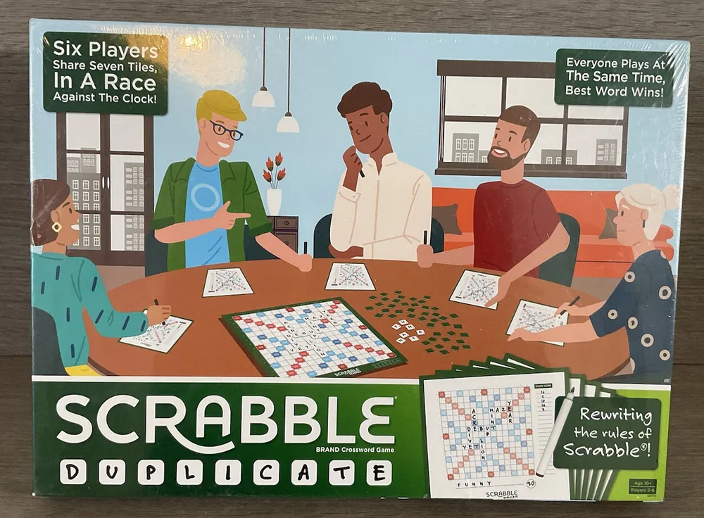 Box cover for "Scrabble Duplicate", featuring illustrations of six players engaged in a game, with the game board and pieces on the table, and promotional texts highlighting the game's features.
