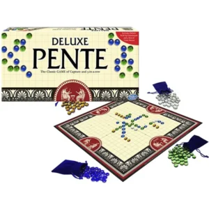 Deluxe Pente board game with game board, green and blue glass stones scattered on and off the board, two blue velvet drawstring bags, gold scoring coins, and the game's box in the background.