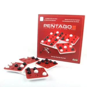 A Pentago board game set against a white background, with its red box standing behind five swiveled game board segments scattered with black and white marbles.
