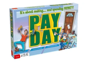A "Pay Day" board game box featuring cartoon characters holding money and bills, with text emphasizing making and spending money, suitable for ages 8+ and 2-4 players.