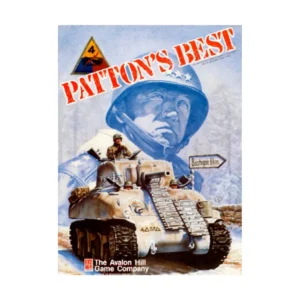 Cover art of "Patton's Best" game featuring a tank with a soldier, set against a snowy background with a superimposed portrait of a military officer and the text "Bastogne 6km."