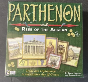 Box cover of the board game "Parthenon: Rise of the Aegean," featuring artistic depictions of ancient Greek architecture, figures, and artifacts, with the title in bold, gold lettering on a green background.