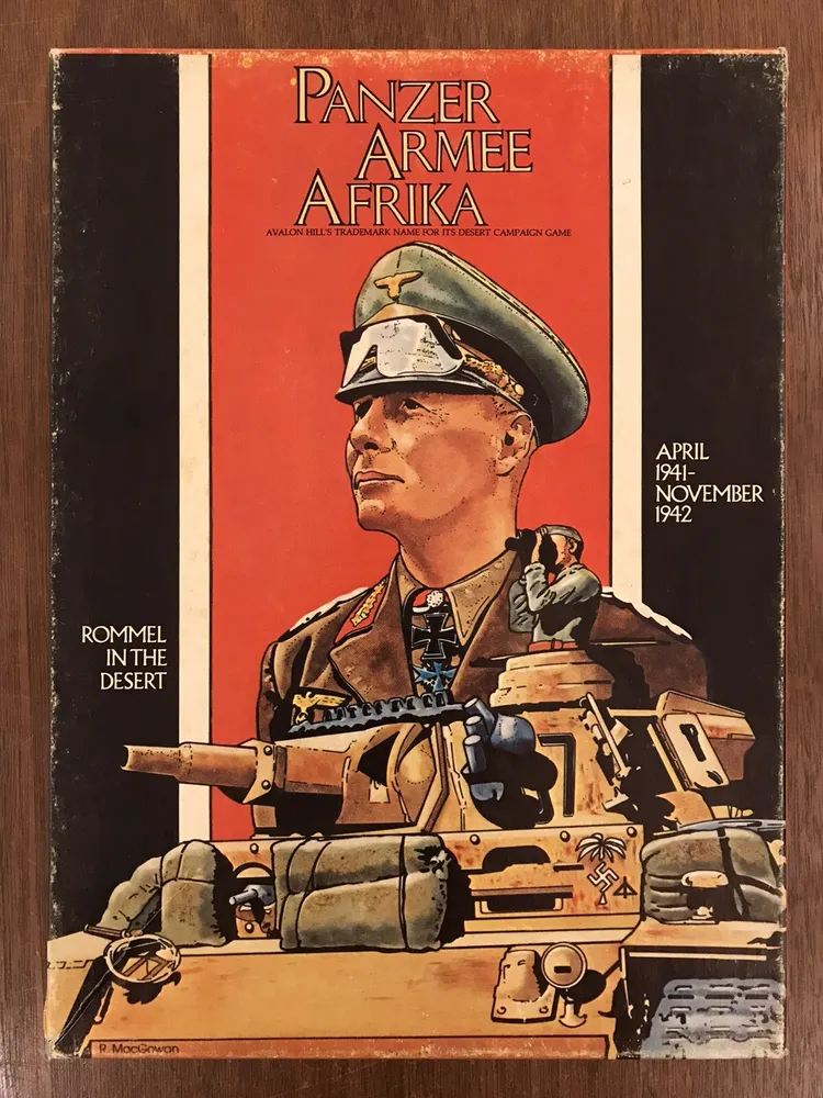 Book cover of "Panzer Armee Afrika" featuring an illustrated profile portrait of a military officer with a tank in the background, with text indicating the game's time frame from April 1941 to November 1942 and the subtitle "Rommel in the Desert."