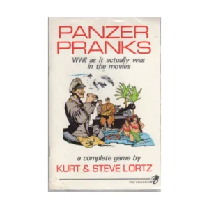 A vintage board game cover titled "PANZER PRANKS: WWII as it actually was in the movies," depicting an illustrated scene with a soldier operating equipment, and caricatured figures in a tropical setting. The game is credited as “a complete game by KURT & STEVE LORTZ" and marked with "THE CHAOSIUM."