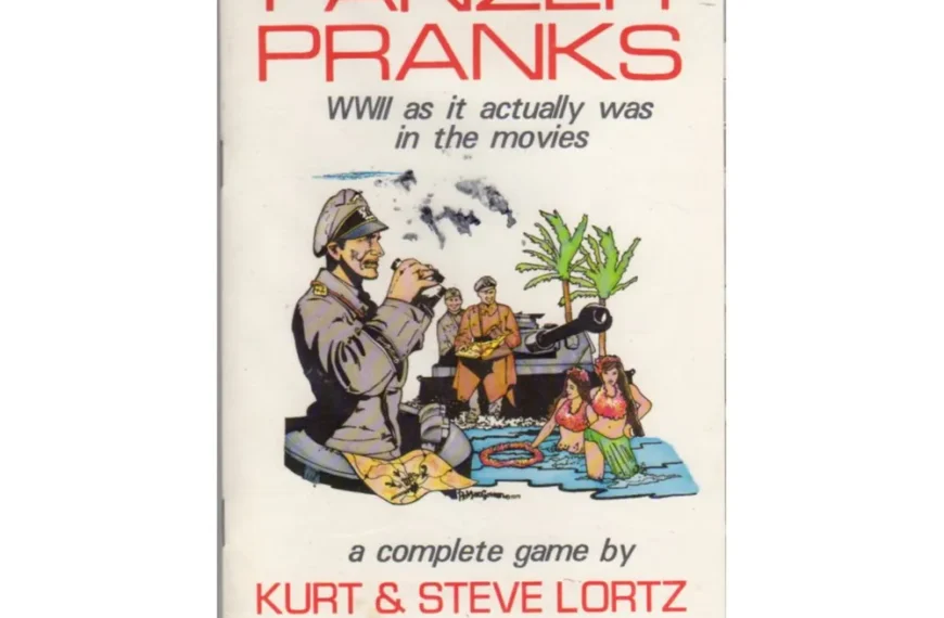 A vintage board game cover titled "PANZER PRANKS: WWII as it actually was in the movies," depicting an illustrated scene with a soldier operating equipment, and caricatured figures in a tropical setting. The game is credited as “a complete game by KURT & STEVE LORTZ" and marked with "THE CHAOSIUM."