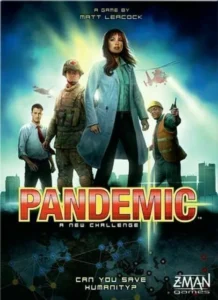 Alt text: A poster for the board game "Pandemic: A New Challenge" by Matt Leacock and Z-Man Games, featuring four diverse characters, including a scientist, a medic, and a construction worker, against a backdrop of a city skyline with helicopters, with the tagline "Can you save humanity?" at the bottom.