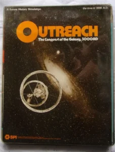 Board game cover titled "OUTREACH The Conquest of the Galaxy, 3000AD" depicting an illustration of a space station with a backdrop of a starry space scene and a galaxy. The cover also includes the text "A Future History Simulation" and the logo of SPI.