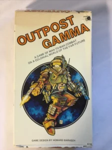A worn book cover for "OUTPOST GAMMA - A GAME OF MAN-TO-MAN COMBAT ON A COLONIAL WORLD OF THE FAR FUTURE" by Howard Barasch, featuring an illustration of a spaceman in a yellow and red suit against a starry background, published by Dwarfstar Games.