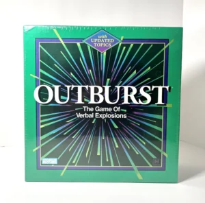 Box cover of "OUTBURST - The Game Of Verbal Explosions" with updated topics, by Parker Brothers. The cover features a green background with radiating blue and white lines and large white and purple text.