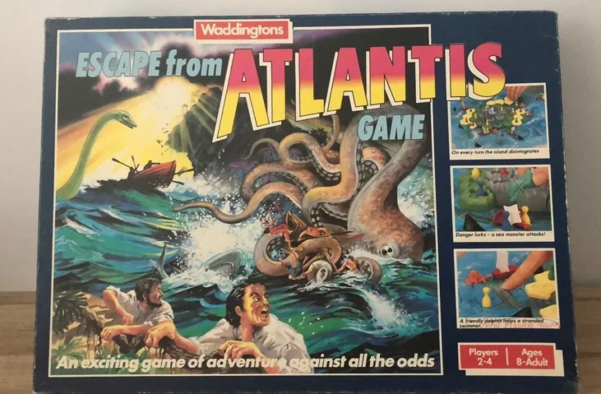 A board game box titled "ESCAPE from ATLANTIS GAME" with dynamic artwork depicting people and mythological sea creatures, accompanied by smaller images showing game scenes, and text indicating it is a game for 2-4 players, ages 8 to adult.