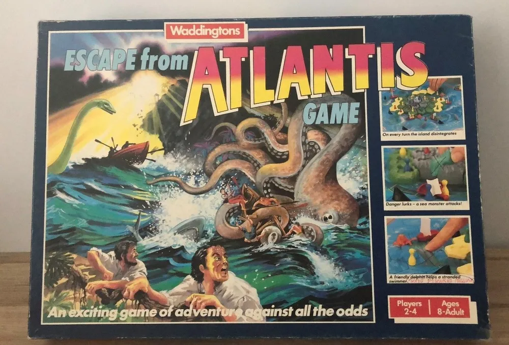 A board game box titled "ESCAPE from ATLANTIS GAME" with dynamic artwork depicting people and mythological sea creatures, accompanied by smaller images showing game scenes, and text indicating it is a game for 2-4 players, ages 8 to adult.