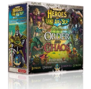 Two board game expansion boxes for "Heroes of Land, Air & Sea" titled "Order and Chaos," featuring colorful fantasy artwork with characters like a lionkin and an undead, alongside texts like "5-6 Player Expansion" and "Featuring 4 Additional Factions." Reflective surface beneath them shows their mirror image.