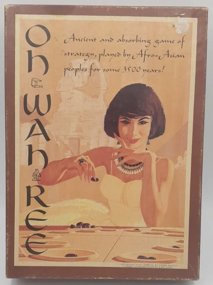Alt text: A vintage board game cover titled "OH-WAH-REE" with the subtitle "Ancient and absorbing game of strategy played by Afro-Asian peoples for some 3500 years!" It features an illustration of a woman with a bob hairstyle playing the game, which consists of a wooden board with carved pits and dark playing pieces. The cover has a beige color scheme and includes the logo of the 3M bookshelf game series.