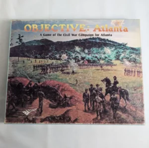 Board game titled "OBJECTIVE: Atlanta - A Game of the Civil War Campaign for Atlanta" with artwork depicting Civil War soldiers and cavalry in battle on the cover.